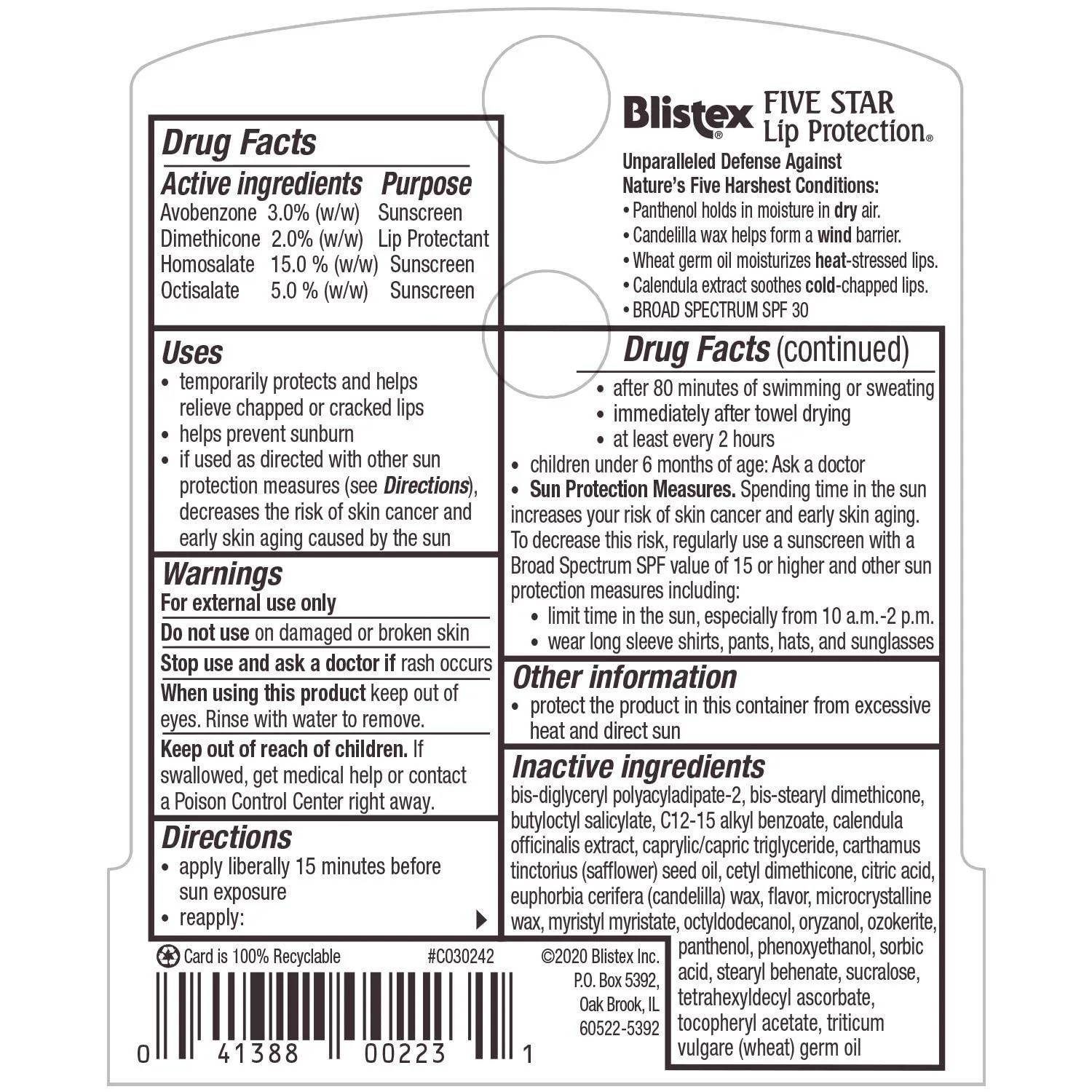 Blistex Five Star Lip Protection ingredients